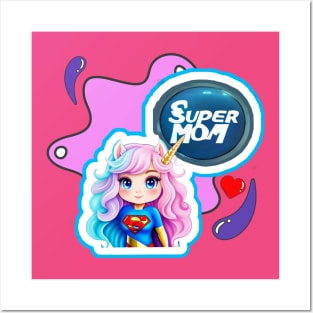 Cute Unicorn Cartoon - SUPER MOM Posters and Art